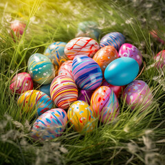 Obraz premium A group of colorful Easter eggs in the grass