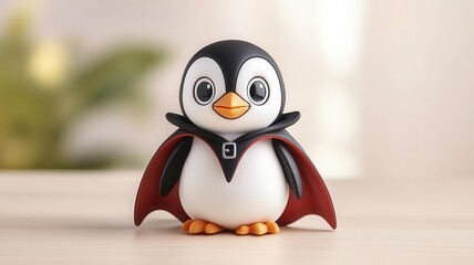 Adorable penguin toy dressed as a vampire, perfect for Halloween decorations or children's playful themes.