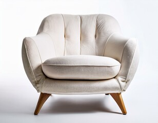 A modern, white armchair with wooden legs, isolated on a white background. The chair has a soft, rounded back and seat.