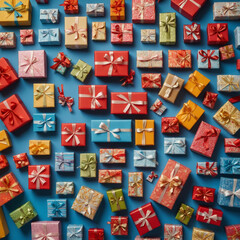 Assorted colorful gift boxes with ribbons on a blue background