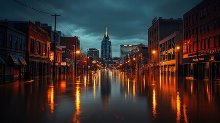 Fototapeta premium Flooded downtown Nashville at dusk, with streetlights reflecting off the water, capturing the surreal and eerie atmosphere of the event