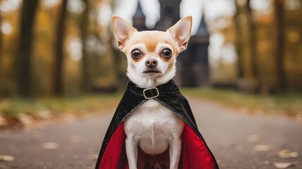 A charming Chihuahua dressed in a vampire cape, posing confidently in a scenic autumn park with a gothic backdrop.