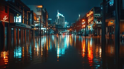 Flooded downtown Nashville at dusk, with streetlights reflecting off the water, capturing the surreal and eerie atmosphere of the event