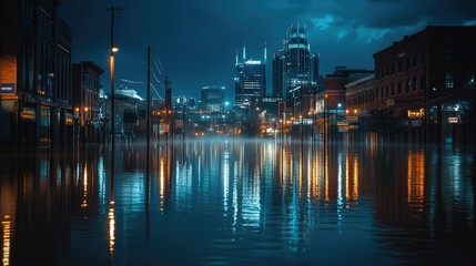 Fototapeta premium Flooded downtown Nashville at dusk, with streetlights reflecting off the water, capturing the surreal and eerie atmosphere of the event