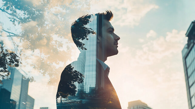 Double exposure Businessman adapts quickly to market changes to sustain growth.