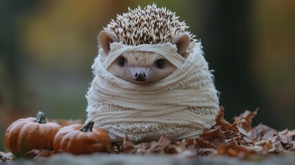 Obraz premium Adorable hedgehog wrapped in soft cloth with pumpkins and autumn leaves, perfect for seasonal decoration and animal lovers.