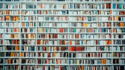 Full frame photo of a modern library's white shelves, densely packed with books, representing endless knowledge and information, bright and contemporary interior, Novosibirsk
