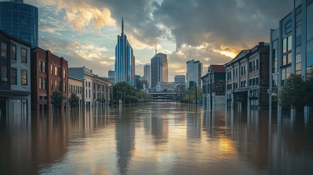 Floodwaters covering the base of downtown Nashville skyscrapers, emphasizing the extent of the damage in the heart of the city