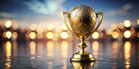 Golden trophy adorned with circular patterns and angular handles sitting on a reflective surface, symbolizing excellence and triumph in the ultimate international soccer competition.