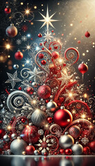 Christmas tree decorated with red and white artistic lines, balls on bokeh background
