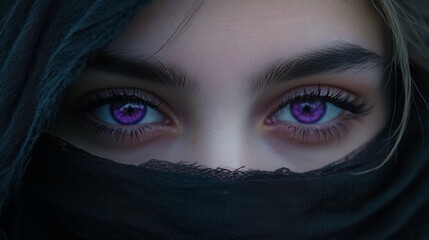 Naklejka premium Closeup of the violet eyes of a girl with her face wrapped in a black scarf generative ai