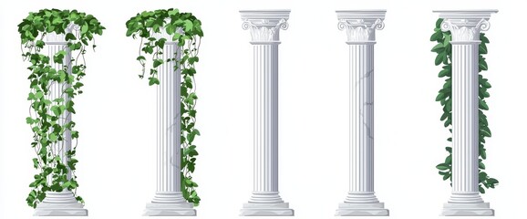 Naklejka premium An illustration of ivy climbing on marble greek columns on white background. An illustration of hedera vine climbing on stone pillars.