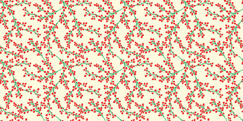 Vector seamless pattern of various small red berries, single and twigs. Germs of rowan, viburnum, blueberry, lingonberry, cranberry. Botanical texture hand drawn in flat doodle style