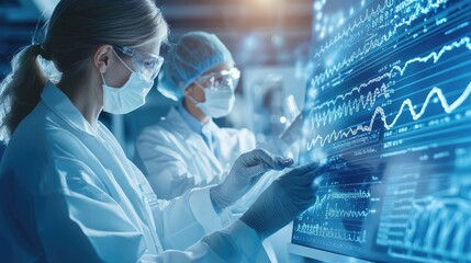 Two scientists analyze data on a digital screen in a laboratory setting, wearing protective masks and lab coats.