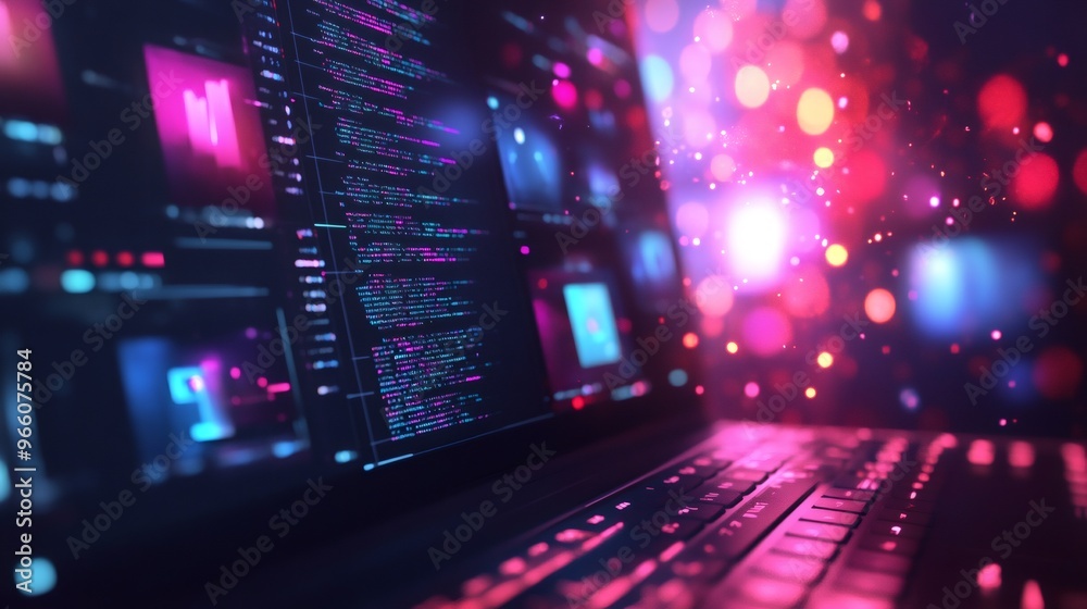 Wall mural close up of a laptop keyboard with colourful lights and code on screen.