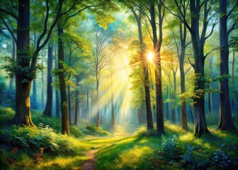 Impressionistic Painting Depicts A Peaceful Forest Scene, With Sunlight Filtering Through The Trees And Illuminating The Lush Undergrowth.