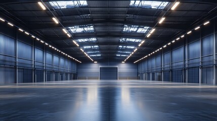 Empty Modern Warehouse with High Ceilings and LED Lighting - AI generated illustration.