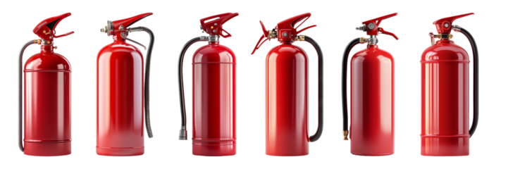 Red fire extinguishers with black hoses arranged in a row isolated on transparent background