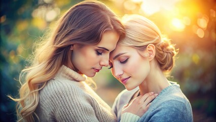 Fototapeta premium Intimate female couple embracing, with warm tender moment, soft focus, pastel colors, and gentle lighting, conveying love, connection, and affection in a peaceful atmosphere.