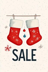 Festive red stockings hang with a cheerful 'SALE' announcement, perfect for holiday promotions and seasonal marketing.