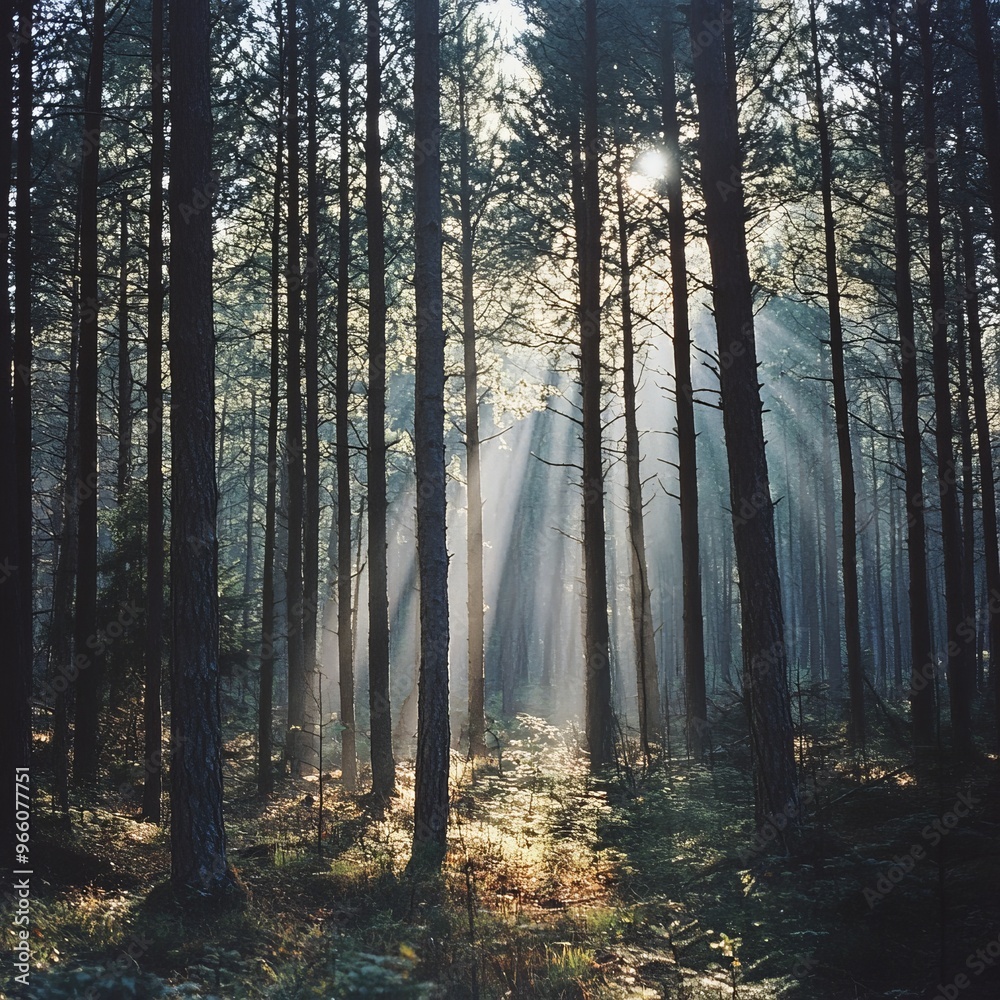 Poster Sunlight beams through a dark, dense pine forest.