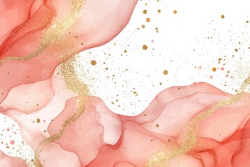 Fototapeta premium Watercolor background with dusty blush stains and cracks, pastel marble alcohol ink drawing effect with gold metallic foil. Modern wedding invitation illustration.