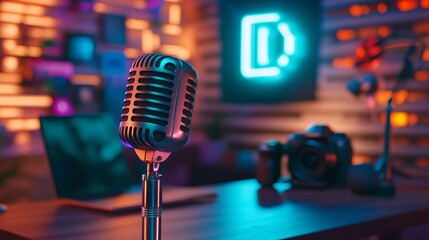 Modern Microphone in Podcast Studio with Neon Lights - AI generated illustration