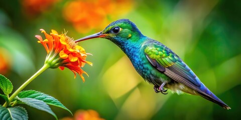 Obraz premium Iridescent green and blue hummingbird with sparkling feathers and long beak sips nectar from a bright orange flower against a lush green foliage background.