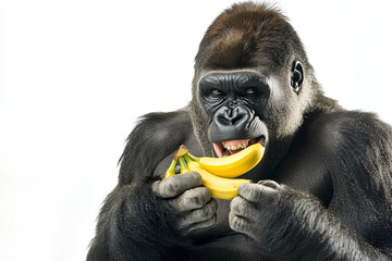 A gorilla holding and eating bananas, showcasing its playful and natural behavior.