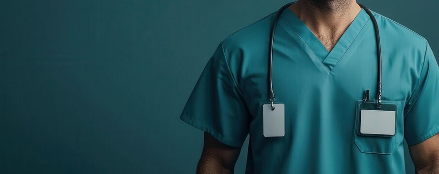 Close-up of a medical professional s ID badge clipped to their uniform, ID badge medical professional, hospital identification