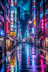 Obraz premium A Rainy Street in Tokyo: Capturing the Serenity of a City Without Cars Amidst Nature's Beauty