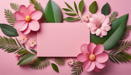 A pink card with floral patterns and green leaves surrounding it. Perfect for a spring or summer theme.