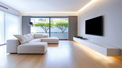 Fototapeta premium Modern Elegance: Minimalist Smart Home Living Room Retreat