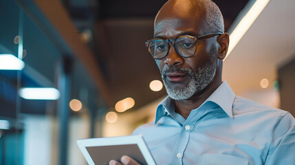 A businessman in a modern office, wearing glasses and holding a tablet, focused on a screen in front of him.