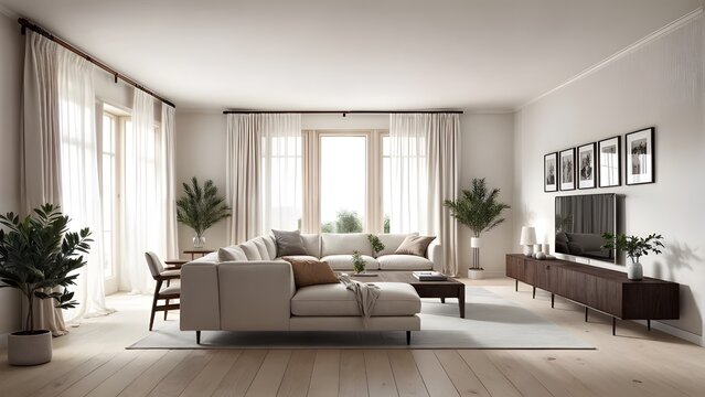 Scandinavian living room interior with stylish grey sofa, large windows with light tulles, natural wooden floor, TV chest of drawers and lots of green flowers in pots