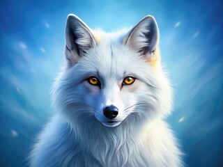 Naklejka premium Majestic blue-white fox with piercing yellow eyes and fluffy fur, set against a soft, gradient blue background, evoking a serene and mystical atmosphere.