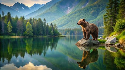 Fototapeta premium Majestic brown bear stands upright on rocky outcropping, gazing out at serene mountain lake with lush green forest reflected in calm water.