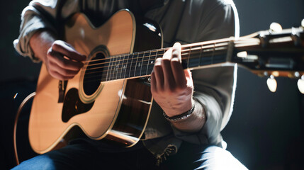 Obraz premium A musician playing an acoustic guitar under soft stage lighting, fingers gently strumming the strings.