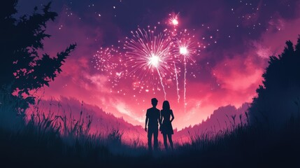 Fototapeta premium A couple watching fireworks together from a quiet hillside, silhouetted by the light