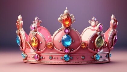 Fototapeta premium A pink, cartoon crown with colorful jewels.