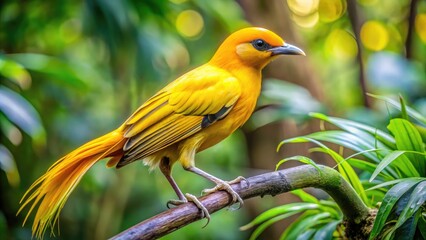 Obraz premium Majestic large yellow bird with vibrant plumage and long neck perched on a tree branch, showcasing its striking features and natural grandeur in a forest setting.