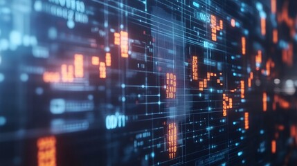 Obraz premium Abstract blue and orange digital grid with binary code.