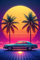 Vintage 80s Style Image Featuring a Car and Palm Trees Against a Retro Background for Nostalgic Theme Projects
