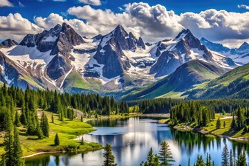 Fototapeta premium Majestic snow-capped peaks stretch across the horizon, rugged terrain and alpine lakes nestled within the grandeur of the Continental Divide's highest mountain range.