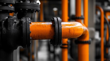 Obraz premium Black and White Photograph of Orange Pipes in Industrial Setting - AI generated illustration