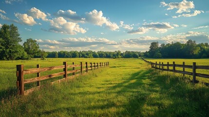 Wide open field with wooden fence under a bright sky