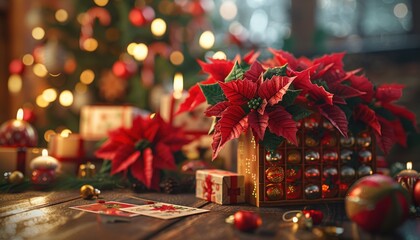 Cozy Christmas scene with poinsettias, presents, ornaments, and festive decorations around a glowing tree.