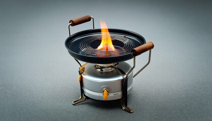 A portable camping stove with a flame burning inside. The stove is made of metal and has a handle. It is sitting on a flat surface.
