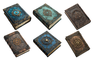 Vintage leather-bound books with nautical symbols isolated on transparent background