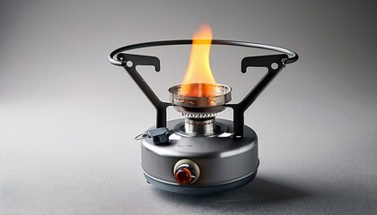 A portable camping stove with a flame burning inside. The stove is made of metal and has a handle. It is sitting on a flat surface.